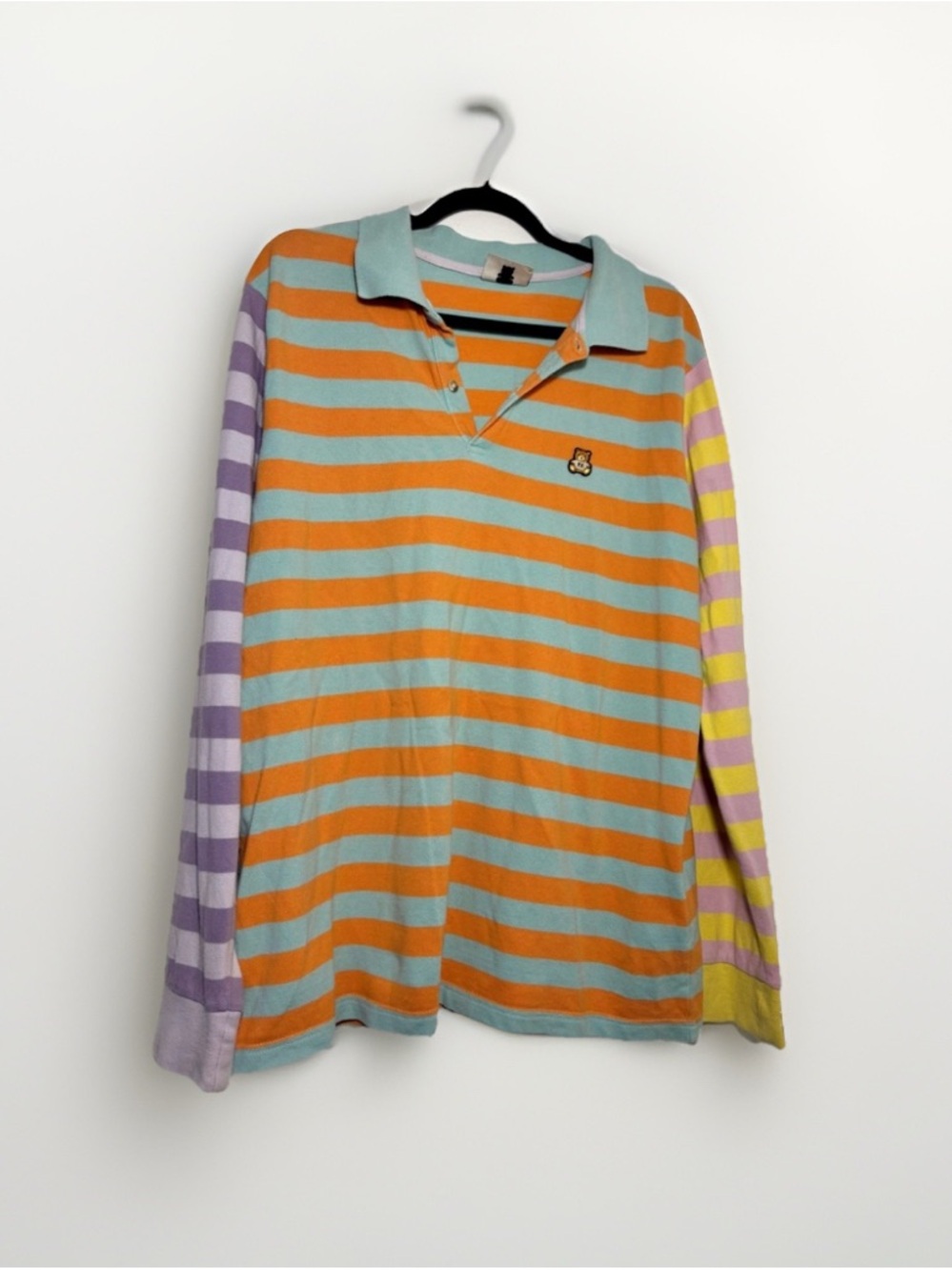 Teddy Fresh Mint, Orange, Lavender & Yellow Striped Rugby Shirt with Bear Patch
